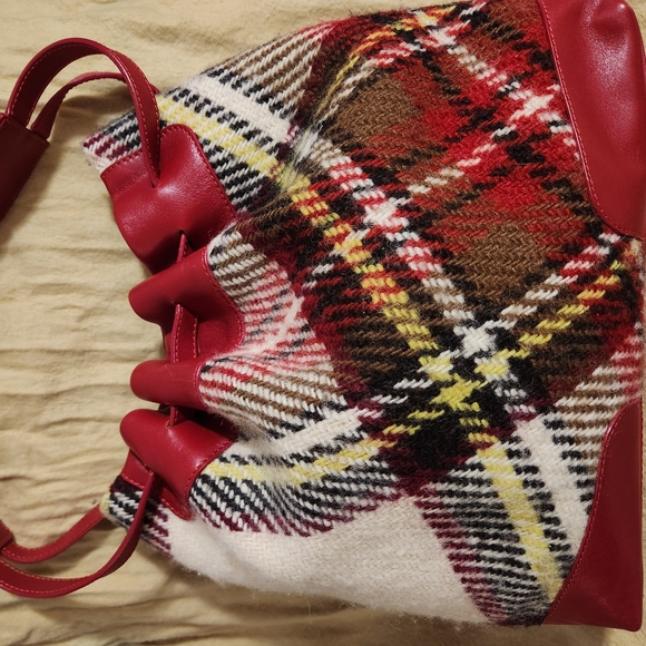 Burberry Plaid Wool Bag with Red Leather Trim - Picture 2 of 16